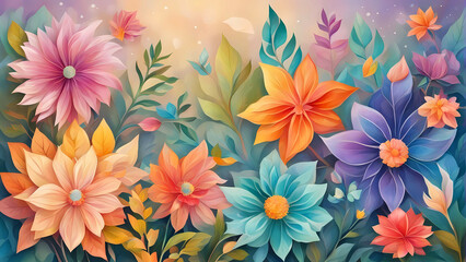 Fototapeta na wymiar Wallpaper made with colorful flowers and leaves in paper form.