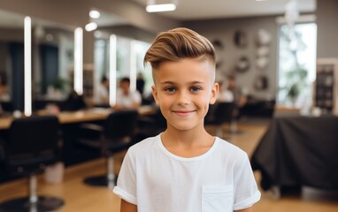 A happy boy after a new hairstyle at the hairdresse - obrazy, fototapety, plakaty