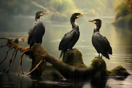 cormorants in natural forest environment. Wildlife photography