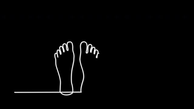 Bare feet, man, woman, male, female outline self drawing animation. Copy space. Relax, human body concept. Black background.