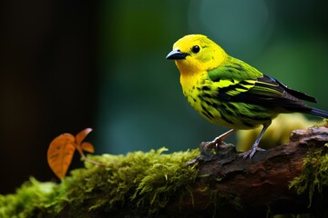 green and golden tanager in natural forest environment. Wildlife photography