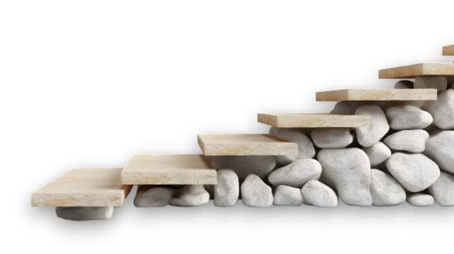 Steps constructed from stones and wood slabs isolated on transparent background.