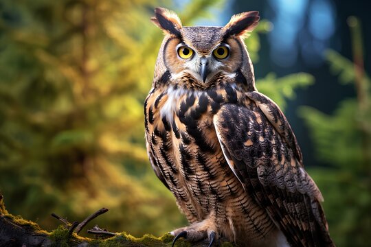 great horned owl in natural forest environment. Wildlife photography