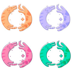 犬と猫が輪になって元気に踊る様を描いたベクターイラスト