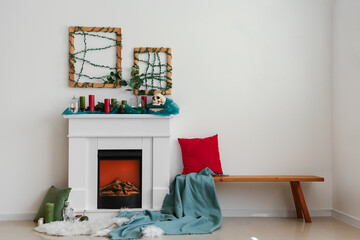 Interior of festive living room with fireplace and Halloween decorations