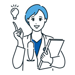 笑顔で説明をする女医のベクターイラスト素材。人差し指、豆電球。