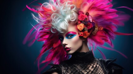 Art high fashion portrait style of a female supermodel with stylized modern hair in fashion design in a luxury fashion studio.