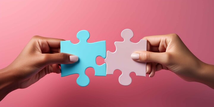 Hands exchanging puzzle pieces, isolated on colour background, bright colors matte render