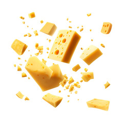 flying pieces of cheese isolated on transparent background Remove png, Clipping Path - obrazy, fototapety, plakaty