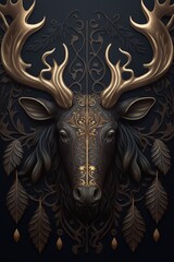 The moose's antlers are large and ornate, with branches that curl and twist in intricate patterns.