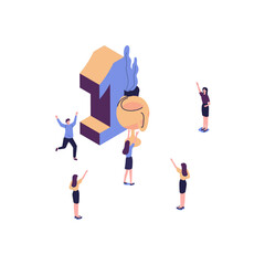 concept of achieving a business goal vector, winner with a gold cup in his hand, victory in the first place, number one, joyful people around the winner