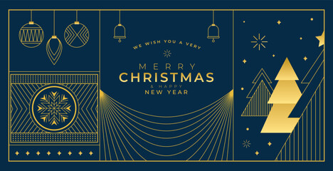 Merry Christmas and Happy New Year illustration of gold luxury christmas pine tree frame with geometric art deco style element for elegant holiday celebration.