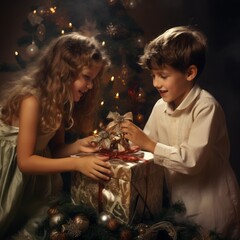 A little girl and boy open a New Year's gift. Christmas tree in the background.