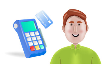 Payment terminal, POS-bank device.
A payment device with an NFC keyboard. A credit card reader. Cartoon character.
 Vector 3D illustration.
