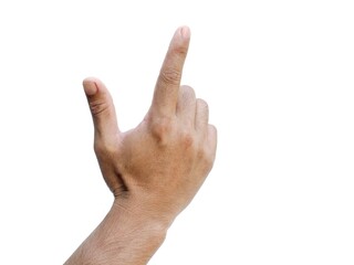 Men's hands making gestures like  I'm pointing at something.  or touch the phone screen  Isolated on white background.