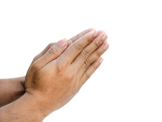 Male hands making a gesture of clasping hands in prayer.  Isolated on white background.