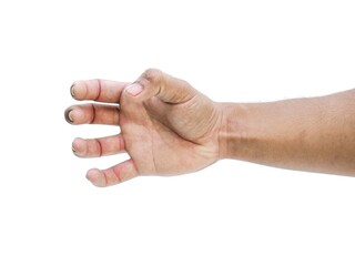 Men's hands making gestures like  is holding something  such as a phone or a water bottle  Isolated on white background.