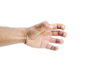 Men's hands making gestures like  is holding something  such as a phone or a water bottle  Isolated on white background.