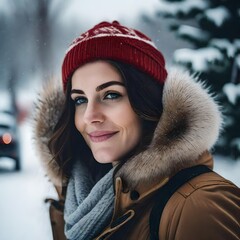 portrait of a beautiful woman outside in the middle of winter very cozy in warm clothing and a hat cap hood toque 