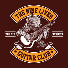 The Nine Lives Guitar Club Hand Drawing Vector Illustration Cat Playing Acoustic Guitar in Patch Design Style 