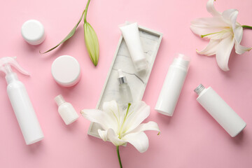 Composition with different cosmetic products and beautiful lily flowers on pink background - obrazy, fototapety, plakaty