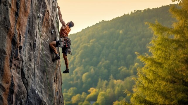 a man is climbing a rock, a mountain at sunset