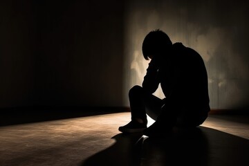 Silhouette of depressed man sitting in empty room - obrazy, fototapety, plakaty