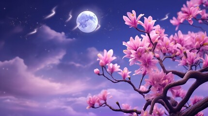 Magical purple night sky with shining stars, clouds, moon and pink magnolia flowers,Fantasy background