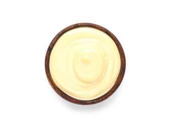 Bowl of fresh mayonnaise on white background