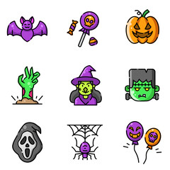 Set of Halloween Icons Collection on White Background. Can be used in social media posts, web design, app design. Hand Drawn Vector Illustration