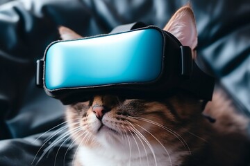 cat in vr headset exploring metaverse world, virtual reality subjects.
