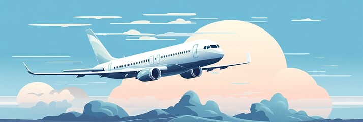 A magnificent illustration capturing a large passenger plane gracefully soaring through the beautiful and cloudy daytime sky