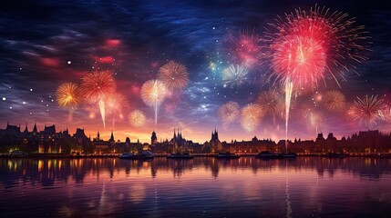 Beautiful fireworks at the night AI Generative