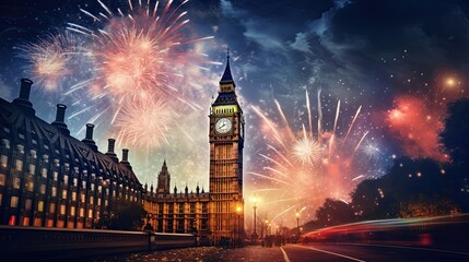 Fototapeta premium Beautiful fireworks behind the big ben clock at the night AI Generative