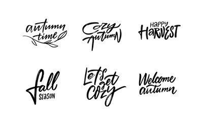 Hand drawn autumn holiday phrases set.