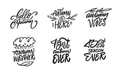 Autumn hand drawn set collection phrases. Black color sign text.