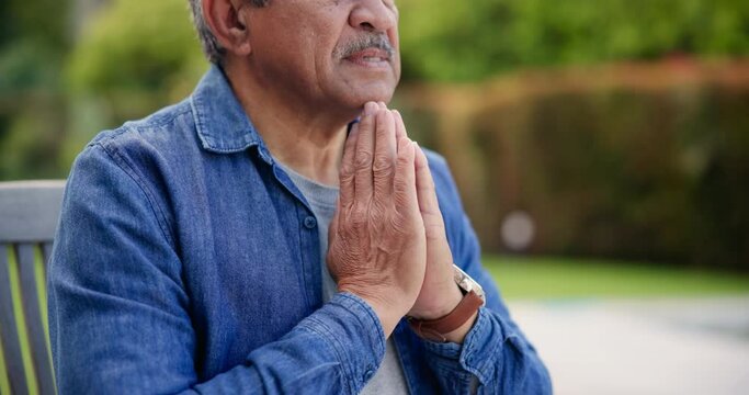 Senior man, praying outdoor and park with faith, religion and peace with hope, mindfulness and gratitude. Elderly person, prayer and garden with connection to God, holy spirit and worship with praise