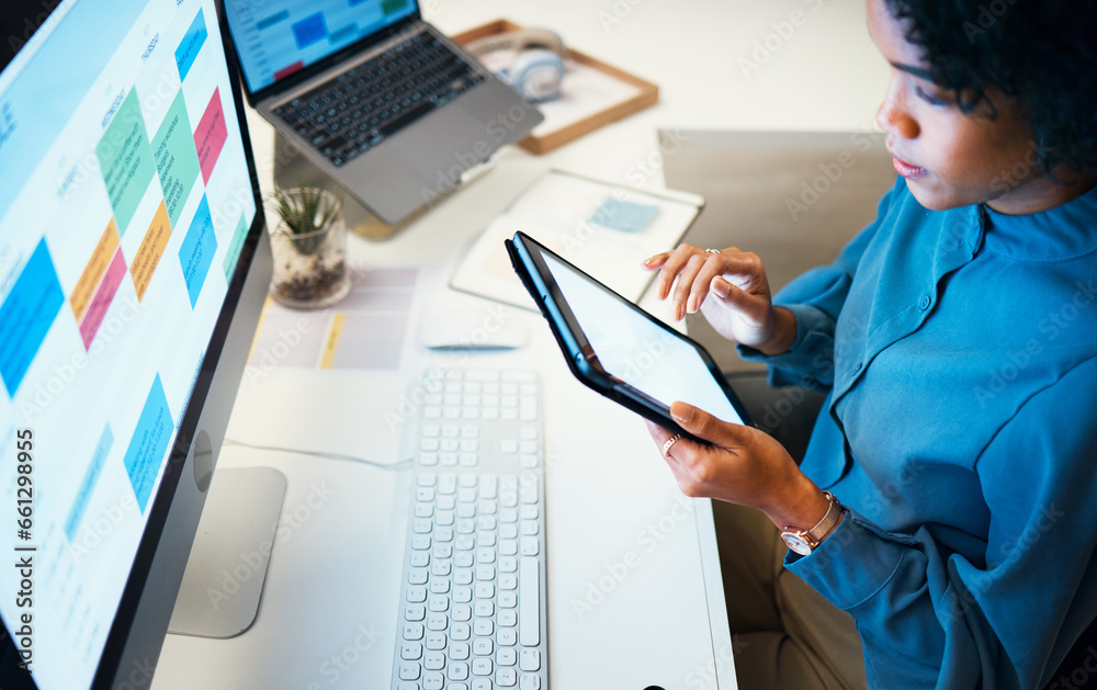 Poster woman with computer, notebook and schedule in office, agenda and reminder for office administration.