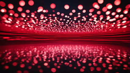 Red background with circles, reflecting in water.