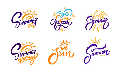 Summer holiday season lettering phrases set. Hand drawn colorful vector art quotes.