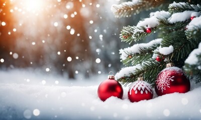 Fototapeta na wymiar Beautiful Festive Christmas snowy background. Christmas tree decorated with red balls and knitted toys in forest in snowdrifts in snowfall outdoors, banner format, copy, Generative AI