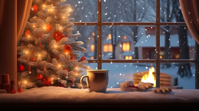 christmas coffee shop retro cute cozy vibe snowy outside