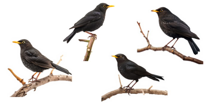 blackbird on branch isolated on transparent background,transparency ,set of blackbirds isolation 