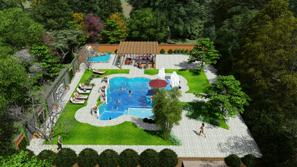 Swimming Pool Design Sitting Area Barbeque Corner 3D Rendered