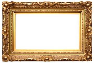 empty antique gold picture frame isolated on transparent background, cut-out home decor, interior, gallery mock up or advertising design element PNG