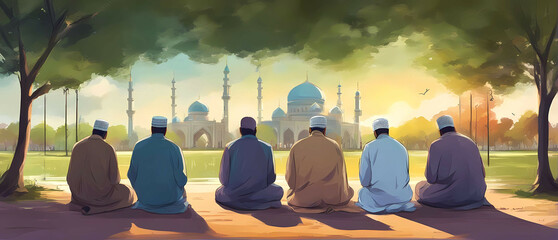 A group of muslim men offering namaaz at a park.