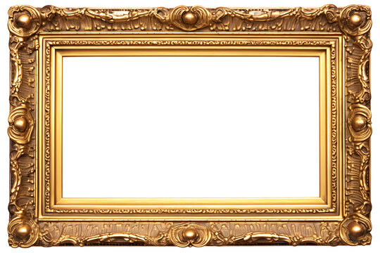 empty antique gold picture frame isolated on transparent background, cut-out home decor, interior, gallery mock up or advertising design element PNG
