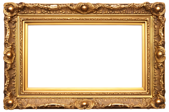 empty antique gold picture frame isolated on transparent background, cut-out home decor, interior, gallery mock up or advertising design element PNG