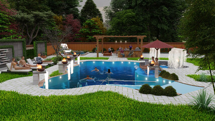 Swimming Pool Design Sitting Area Barbeque Corner 3D Rendered