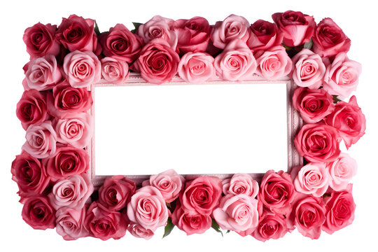 empty frame of red and pink roses isolated on transparent background, cut-out floral, romantic, nature or cosmetics mock up, advertising design element PNG